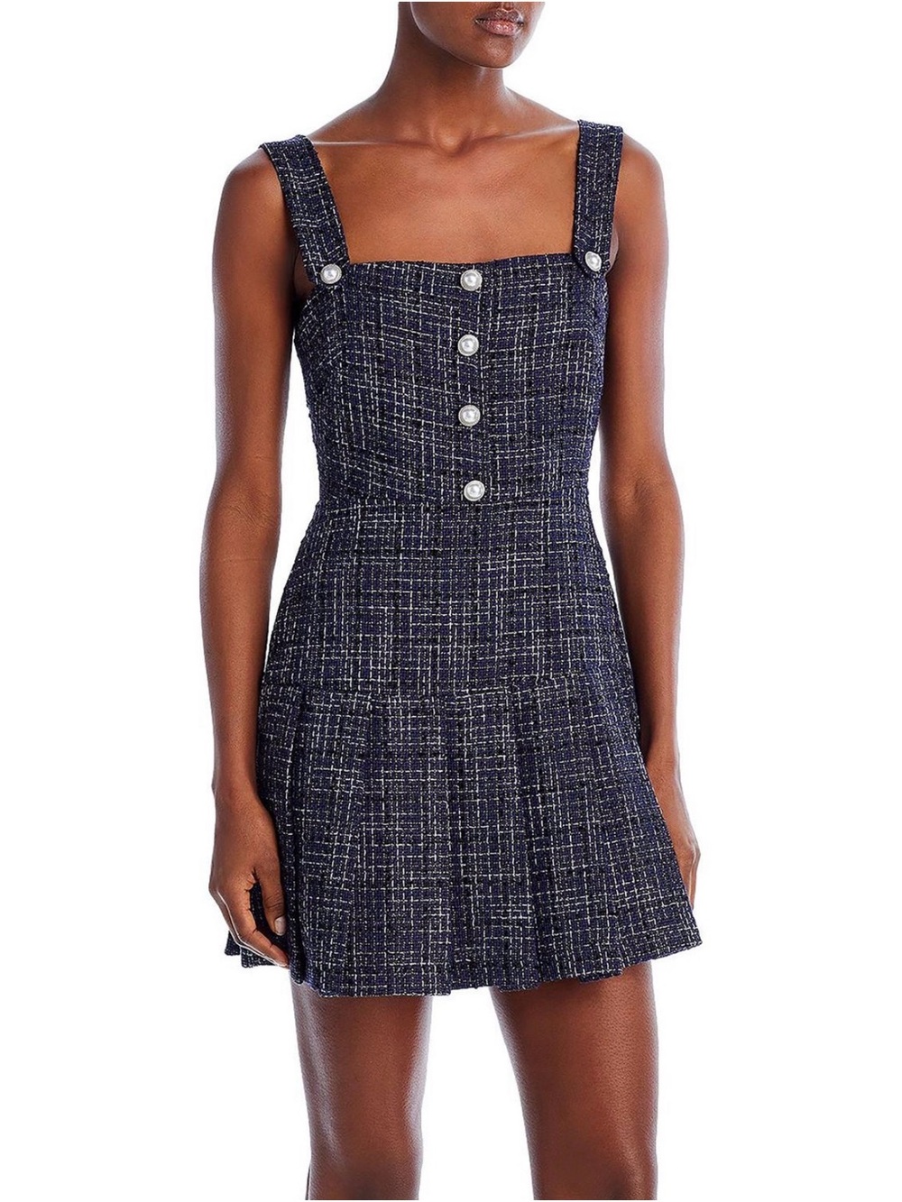 Aqua Metallic Tweed Mini Dress Women's Small- Navy Pearl Button Details
